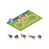Isometric Exterior Racecourse and set Jockey on horse, Champion, Horse riding for Sport background. Stallion race track. Vector Illustration. Equestri