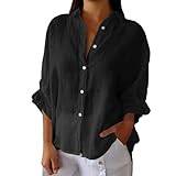 YCBMINGCAN Dam-sommarskjorta i bomull och linne med förfining på baksidan, lös blus, avslappnad topp, långärmad skjorta pojke, svart, S