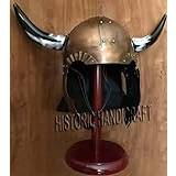 HISTORIC HANDICRAFT medeltida rustning vikingahjälm med horn antik mässing polering naturliga horn hatt hjälm unisex halloween fest kostym med stativ