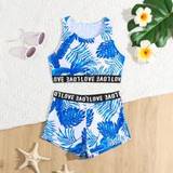 SHEIN Tween Girl Swimwear, Split Swimsuit, Printed Loop