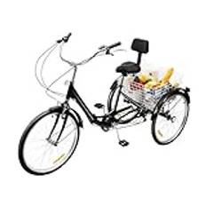 60 cm miljövänlig vuxen trehjuling, 7-växlad 3-hjulingar cykel säker körning vuxencykel med shoppingkorg citytrehjuling för inköp sportiga utomhus, 210 pund viktkapacitet