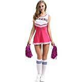 Cheerleader Kvinnor Sport High School Cheer Girl Uniform Maskeraddräkt outfit med pompoms (rosenröd, L)
