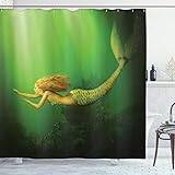 ABAKUHAUS Hav Duschdraperiet, Mermaid med Fish Tail, Badrumsdekor med tygtyg med krokar, 175 x 180 cm, Mörkgrön Ginger Grön