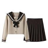 TTYAO REII Långärmad sjöman tröjor veckad kjol outfit flickor japansk skoluniform JK uniform kvinnor cosplay kostymer (Khaki, L)