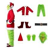 Juloutfit festdräkt med mask, 7 delar, jultomtekostym, män, grön, stort monster, håladräkt, julmössa och handskar för jul, cosplay, fest, M