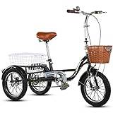 Trehjuling för vuxna 3-hjuliga cyklar, vuxen trehjuling Mänsklig pedal 3-hjulig cykel Single Speed ​​14 tums cyklar m/korg för män kvinnor