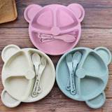 Wheat Straw Plates Baby Training Bowl Plate + Spoon + Fork Tableware Set Cute Bear Dining Tools Kids Opp Baby Feeding Packaging - falcon