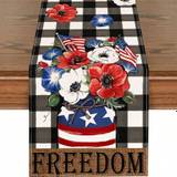 SHEIN 1pcs Seliem 4th Of July America Freedom Flowers Patriotic Table Runner, Jar Poppy Plaid American Memorial Day Kitchen Dining Table Decor, Summer Holid