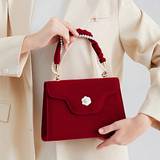 SHEIN Plush Radiance Red Evening Bag: Stylish, Trendy, Elegant. White Pearls Handle, Plush Texture, White Metal Flowers, Golden Single-Shoulder Chain, Handb