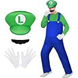 AOMIG Mario kostymer, 4-pack Mario Cosplay kostymtillbehörssatser med bodysuit, Luigi Hattar Keps, mustascher, vita handskar, Mario Luigi Bros Fancy Dress Outfit Kostym för kvinnor män (grön)