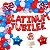 Queens Platinum jubileumsfestdekorationer, blå vit röd ballong girlang bågsats med platina jumbilee-banderoll, brittiska flaggor och tårtdekoration, Union Jack-festset