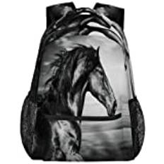 Svart djur löpning häst ryggsäck skola bokväska laptop ryggsäck vattentät vardaglig resa dagväska för kvinnor män tonåringar, Black Animal Running Horse, 11.4(L)×6.9(W)×16(H)inch, Ryggsäckar för dagsutflykt