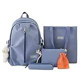 UIFLQXX Ryggsäck för kvinnor skolväska set 5 delar, ryggsäck + tygväska + handväska + pennfodral + muslinväska, resväska laptopväska ryggsäck för skola arbetsväskor för kvinnor med björn hänge, BLÅ,