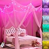 Vit sänghimmel för flickor, 8 hörn baldakin sänggardiner med färgskiftande LED-ljusslinga, stjärnbelysning, prinsesssänghimmel med färgglada ljus för vuxna kvinnor sovrum, dubbel full queen king size-säng