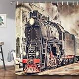 Utsökt vintage industriell ångmaskin duschdraperi Antik Old Times lokomotiv på järnväg Retro Train Station Badrumsgardinset 78x47in-198x119cm/BxH gardiner badrum