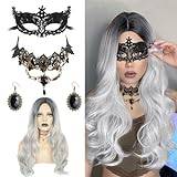 HIFOT 4 st silvergrå peruker för kvinnor, lång vågig grå ombre peruk, svart maskerad mask gotiska chockers halsband, vintage kristallörhängen, 80-tal, fin klänning för kvinnor, karneval, julfest