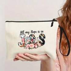 Jesus Is All My Hope Letter Pattern Cosmetic Bag, Biblical Letter Elements, Gift Representing Faith, Christmas Gift For Christianity, Beige Polyester
