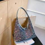 European And American Vintage Blue Glitter Tote Bag, Unique Design, One Shoulder/Side Bag, Fashionable And High-Quality With Large Capacity