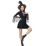 Dam häxdräkt, lila, svart, häxklänning med häxhatt halsband, halloween, karneval, fest, kostym, häxa, cosplay, outfit, svart häxa, kostym med häxhatt