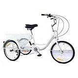 NIGORIY Vuxen trehjuling, 20 tums cyklar 3 hjul, 8-växlad trehjuling lastkapacitet 110 kg, korg lastkapacitet 20 kg, cykel 8 positionering svänghjul 13–28 t (vit)