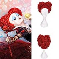 Chtom Halloween Alice In Wonderland Red Queen Cosplay Wig Roll Spela Queen of Hearts Costume Red Hair + Wig Cap