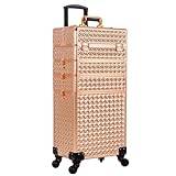 Professional Makeup Train Case, Aluminum Cosmetic Case, Rolling Makeup Case, Extra Large Trolley Makeup Travel Organizer, With 360° Swivel Wheels,Gold