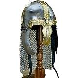 Medeltida grekisk kopia näshjälm stålriddare rustning stridsburen bärbar LARP huvuddräkt med kedjepost för rollspel/cosplay och heminredning
