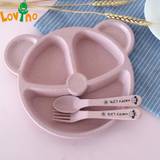 Wheat straw baby dinner plate cute baby feeding set specially designed for children 1 set of training bowl spoon and fork - Blue set