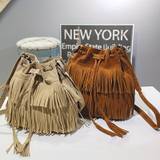 Retro Tassel Drawstring Bucket Bag, Drawstring Crossbody Bag, Simple Fringe Shoulder Bag For Travel & Daily Use