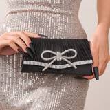 SHEIN Glamorous Mini Black Satin Evening Bag Shinny Rhinestone Bowknot Decor Handbag For Wedding& Party
