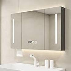 Mirrored medicine cabinets for bathroom with LED lights,Wall-mounted wooden medicine cabinet with defogger,bathroom vanity mirror with 3 color lights,time display,touch control,Paper extraction hole (