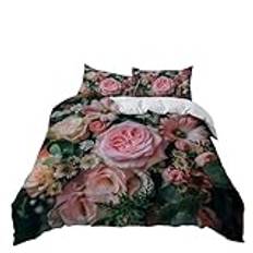 Super King Cover dubbel botanisk rosa ros blomsterarrangemang sängkläder set tryckt mjukt mikrofiber påslakan 260 x 220 cm och 2 örngott 50 x 75 cm med dragkedja för tonåringar och vuxna