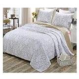 Reversible 100% Cotton Quilted 3-Piece Beige/Blue Chic Embroidery Elegant Quilt Set with Pillow Shams Soft Bedspread&Coverlet,Set med täcke