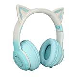 Cat Ear-hörlurar, Trådlösa Spelheadset Via Bluetooth 5,1/3,5 Mm AUX-kabel, Hopfällbara Hörlurar med 7 Färger LED-lampor och 4 LED-lägen för Flickor, Vuxna(Grönsak)