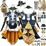 Genshin Impact Cosplay Kostym Outfit Flickor, Spelfigurer Navia Uniform Full Set Kvinnor maskerader Halloween Klä upp kostym med peruk hatt huvudbonad örhängen,Yellow,L