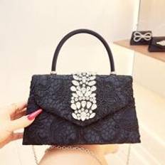 New Arrival Black Lace Embroidery Clutch Bag For Evening Party, Fashionable Handbag With Diamond Flower Decoration