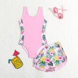 SHEIN Girls" (Little) Swimsuit/One Piece Swimsuit/Printed Loop/2pcs/Set