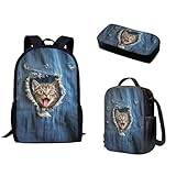 Pzuqiu skolryggsäck 3 st set för barn ryggsäck för förskola mellanstuderande skolväskor med lunchlåda och pennfodral, denim katt