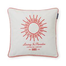 Sun Embroidered Cotton Canvas Pillow Cover White/Coral, 50x50, Lexington