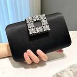 SHEIN A Black Elegant Diamond Decorated Clutch Bag With An Open Metal Snap Closure & Chain Shoulder Strap, Perfect For Formal Occasions Like Parties, Weddin