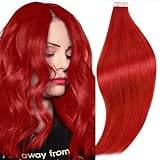 RUNATURE Röd tejpförlängningar 55 cm äkta hår förlängningstejp 25 g 10 stycken hårförlängning Remy Extensions slät 5 cm