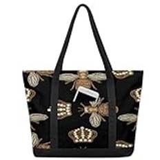 Golden Bee-handväska för damer kvinnor flickor, Bee Desig stor axelväska tygväskor 22 L stor kapacitet dragkedja shoppingväska för skola resor arbete, Färg, big