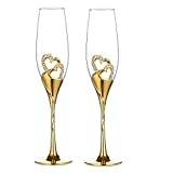 NUPTIO Set med 2 champagneglas i guld kreativt hjärta, champagneglas för brud och brudgum – rostade koppar presentset för par – förlovning bröllopsdag inflyttningsfest värdinna gåva