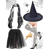 Edozos Halloween häxa kostym tillbehör set med häxa svart hatt med peruk, näsa, svart tutu kjol och över knä höga strumpor cosplay häxor trollkarl festdekorationer rekvisita