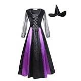 maxToonrain häxdräkt kvinnor, halloween kostymer maskeraddräkt cosplay fest onyx häxa hatt + klänningar kläder för flickor (lila spets, S)