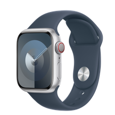 Apple Watch Series 9 (GPS + Cellular) • 41 mm aluminiumboett silver • Sportband stormblå – M/L