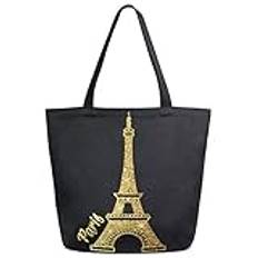 Bärkasse glänsande guld glitter Eiffeltornet tryck strandväska idealisk shoppingväska återanvändbar handväska för skola semester resor 40 x 50 cm, Canvas Tote Bag1381, 0