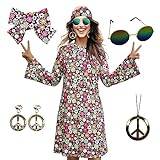 MRYUWB 70-tal hippie klänning kostymer halsband örhängen solglasögon kvinnor disco outfit, 60-tals festkostym, halloween retro klänningar (livfulla blommor, S)