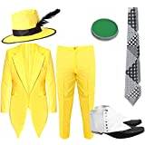 Herr 90-tal gul kostym med hatt masken maskeraddräkt. Gul jacka + gula byxor + gul hatt med svart ribbad och fjäder + svart slips + platz + grön ansiktsmålning. Storlek: XX-large