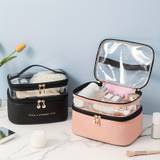 Large Capacity Double-layer Cosmetic Bag, Pu Transparent Portable Travel Storage Bag Toiletry Bag
